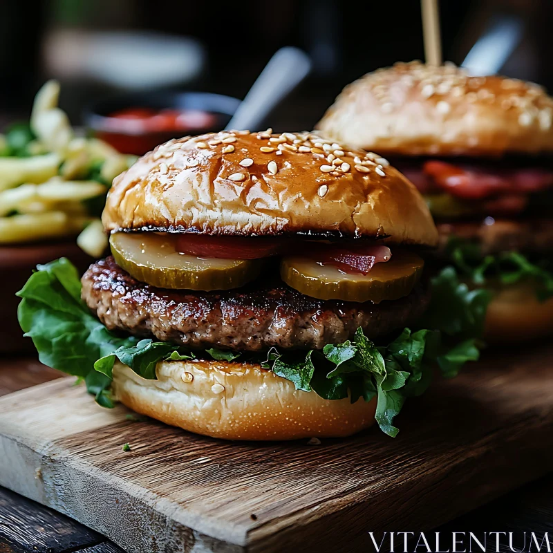 Tasty Burger on Wooden Board AI Image