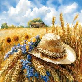 Summer Wheat Field with Hat and Flowers