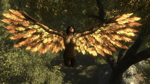 Winged Woman Flying Through the Forest