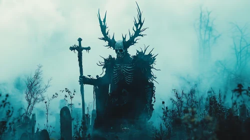 Antlered Skeleton in Foggy Cemetery