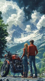 Couple and Motorcycle with Mountain View