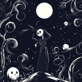 Monochrome Skeleton in Starry Night