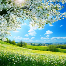 Spring Meadow with Flowers and Blue Sky