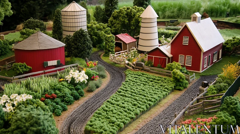 Idyllic Farm View: Red Barns and Green Fields AI Image