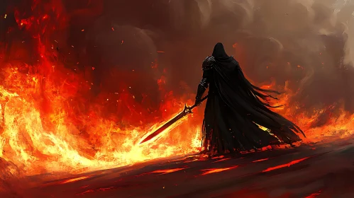 Cloaked Warrior in Fiery Landscape