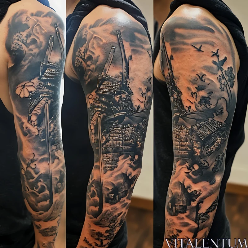 Intricate Japanese Samurai Full-Sleeve Tattoo AI Image