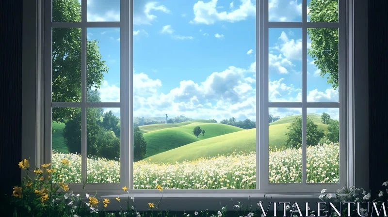 Landscape Through Window With Flowers AI Image