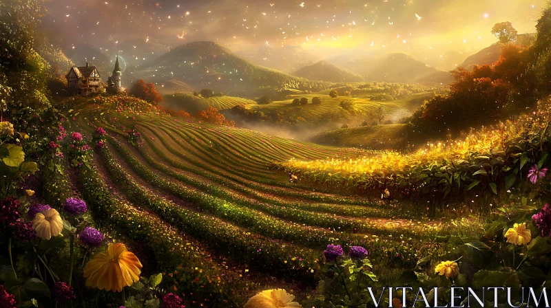 AI ART Golden Lit Flower Meadow Landscape