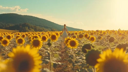 Golden Sunflower Field with Woman Walking