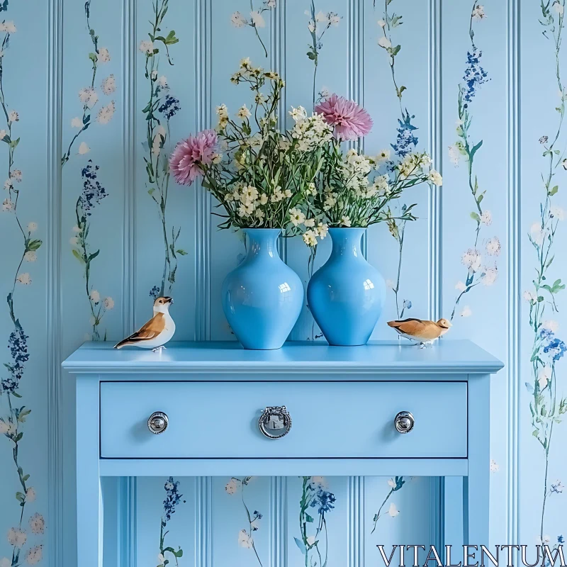 Vases and Birds on Blue Table AI Image