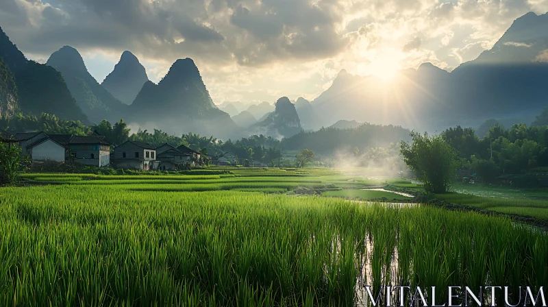 Verdant Rice Terraces and Mountain Peaks AI Image