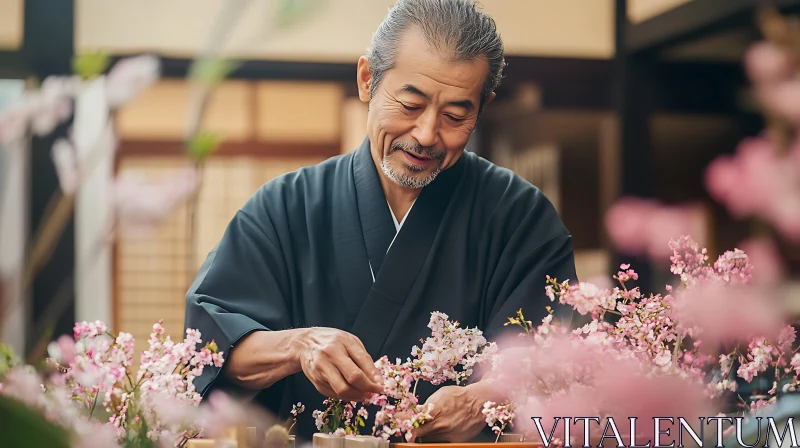 Elder Man with Blossoming Bonsai AI Image