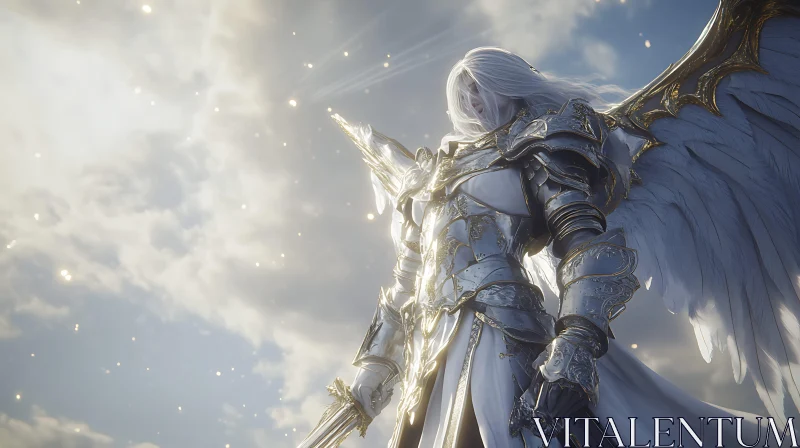 Armored Angel Amidst Ethereal Clouds AI Image