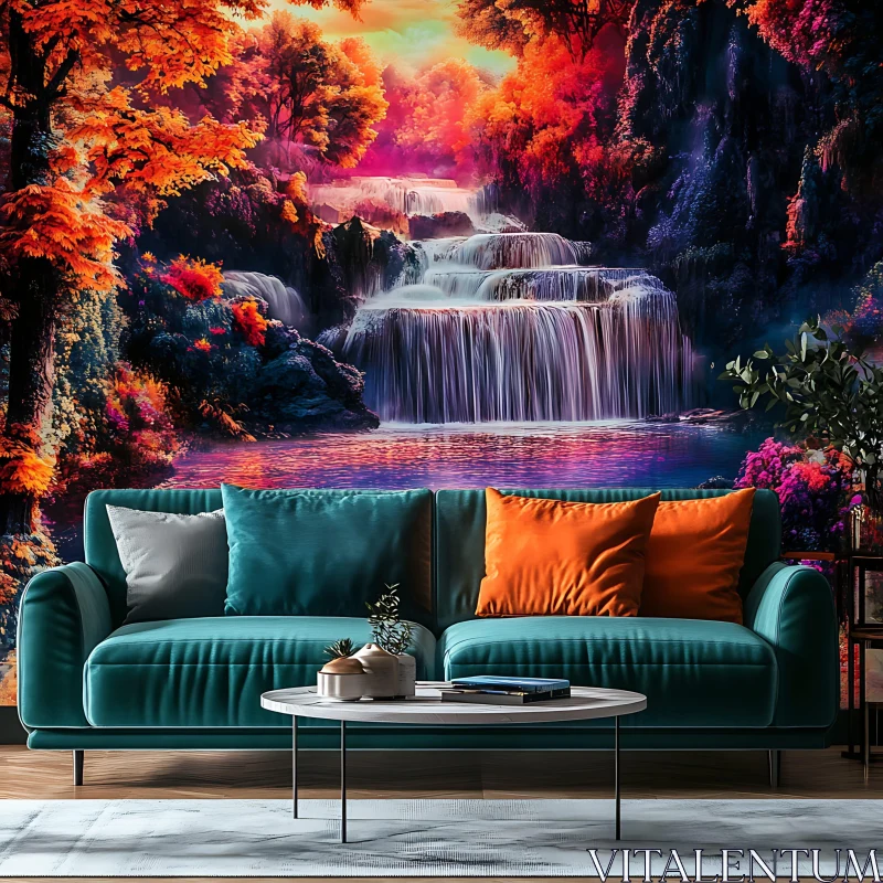 AI ART Autumnal Waterfall Backdrop in Modern Interior