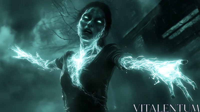 Ghostly Woman with Electric Hands AI Image