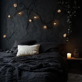 Dark Bedroom with Rose String Lights