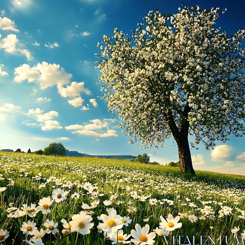 AI ART Daisy Field with Blossoming Tree