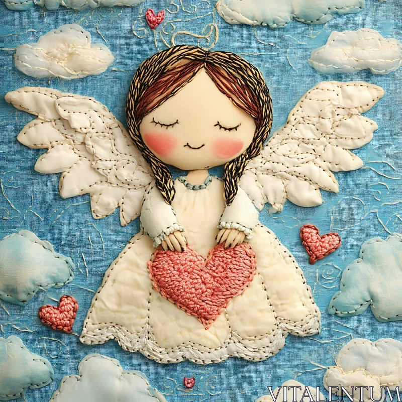 AI ART Embroidered Angel with Heart on Blue Sky