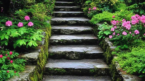 Garden Steps with Pink Flowers