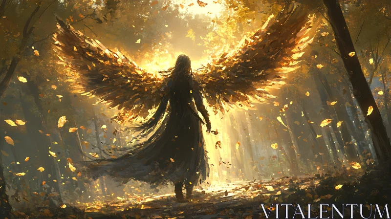 AI ART Winged Figure in Golden Forest