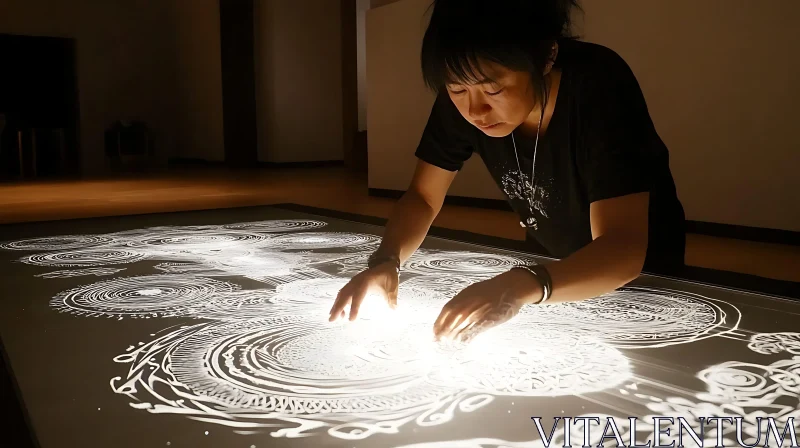 Woman Creating Light Mandala Pattern AI Image