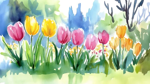 Floral Watercolor Art: Row of Tulips