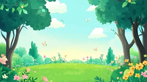 Cartoon Meadow with Trees and Flying Birds