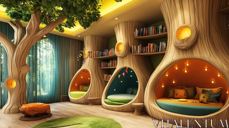 AI ART Whimsical Interior with Tree-Shaped Bookcases