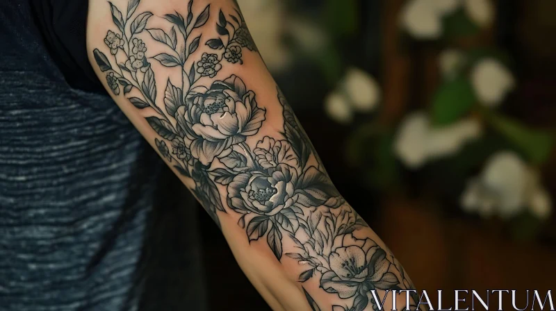 Intricate Floral Arm Sleeve Tattoo in Black and Grey AI Image