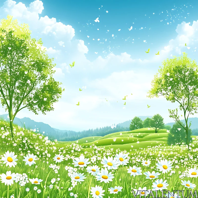 AI ART Lush Green Field with Daisy Flowers