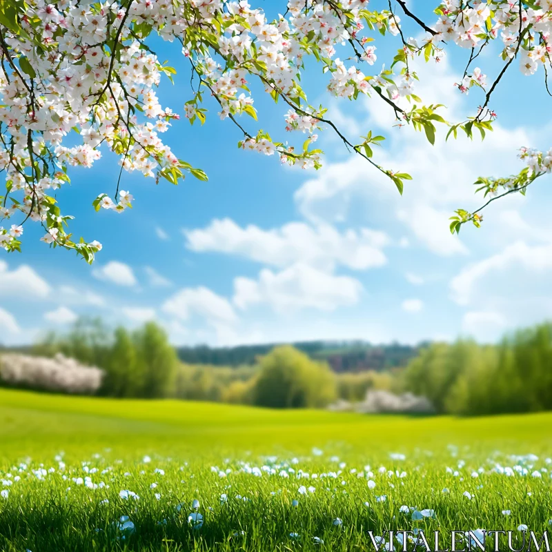 Spring Meadow Under Blossoming Branches AI Image