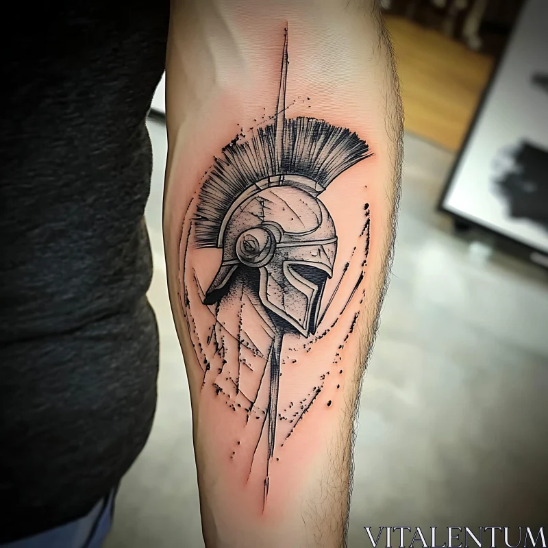 Detailed Arm Tattoo of Spartan Helmet AI Image