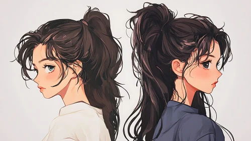 Back-to-Back Women Anime Style Portrait
