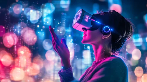 Woman in VR Headset Exploring Digital World