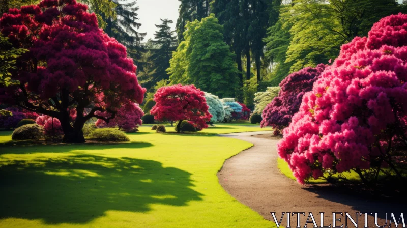 Colorful Pink Trees in Traditional British Garden Landscape AI Image