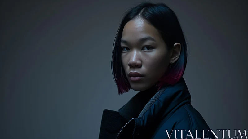 Contemplative Young Asian Woman in Black Jacket - Artistic Portrait AI Image