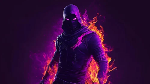 Hooded Character with Glowing Eyes and Fire