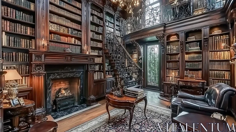 AI ART Classic Library with Fireplace and Bookshelves