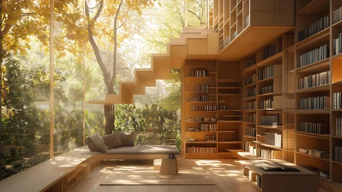 Indoor Library with Nature View