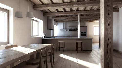 Sunlit Kitchen Interior with Wooden Accents