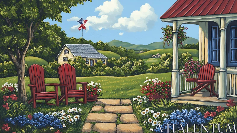 AI ART American Landscape with Red Chairs and Flowers