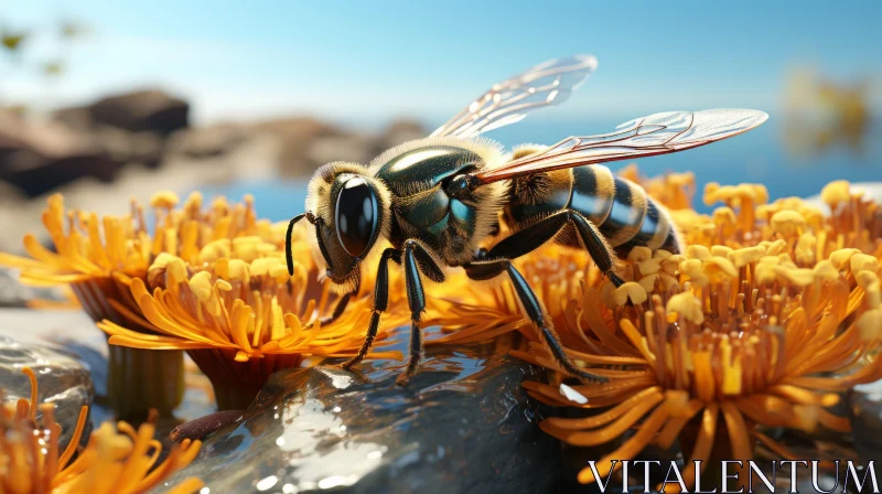 Lifelike Sci-Fi Rendering of Bees on a Flower Near Water AI Image