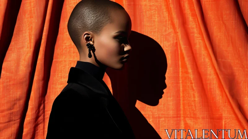 Mysterious Portrait of a Young Woman with Shaved Head and Dark Skin AI Image