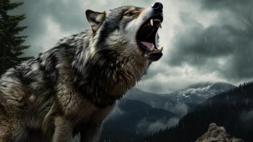 Roaring Wolf on Rocks - A Gloomy Digital Art Display