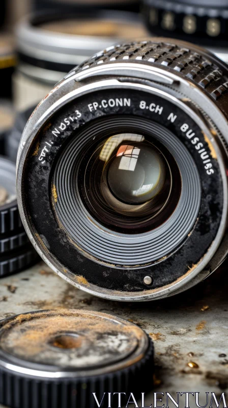 Vintage Camera Lenses on Textured Table Still Life AI Image