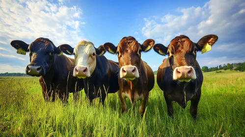 Four Cows Grazing in a Green Field