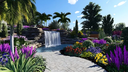 Tranquil Waterfall Garden with Colorful Flora