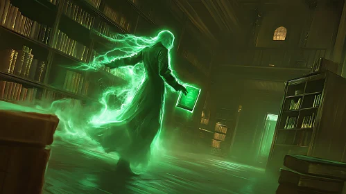 Glowing Specter Reading in Old Library