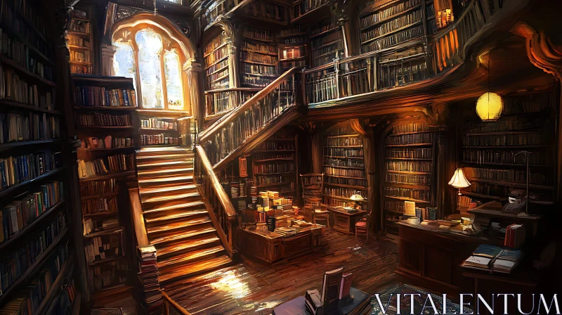 AI ART Old Library Interior with Staircase