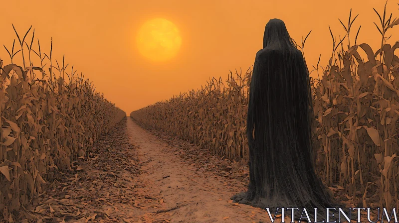 Hooded Figure in Cornfield at Sunset AI Image